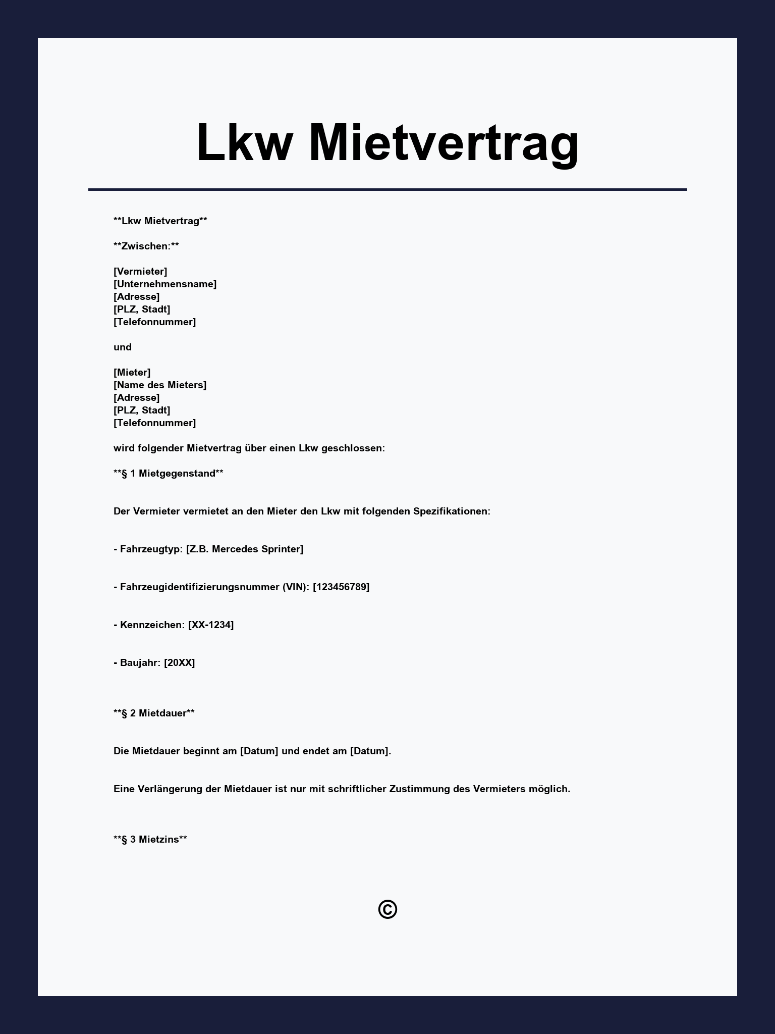 Lkw Mietvertrag Vorlage