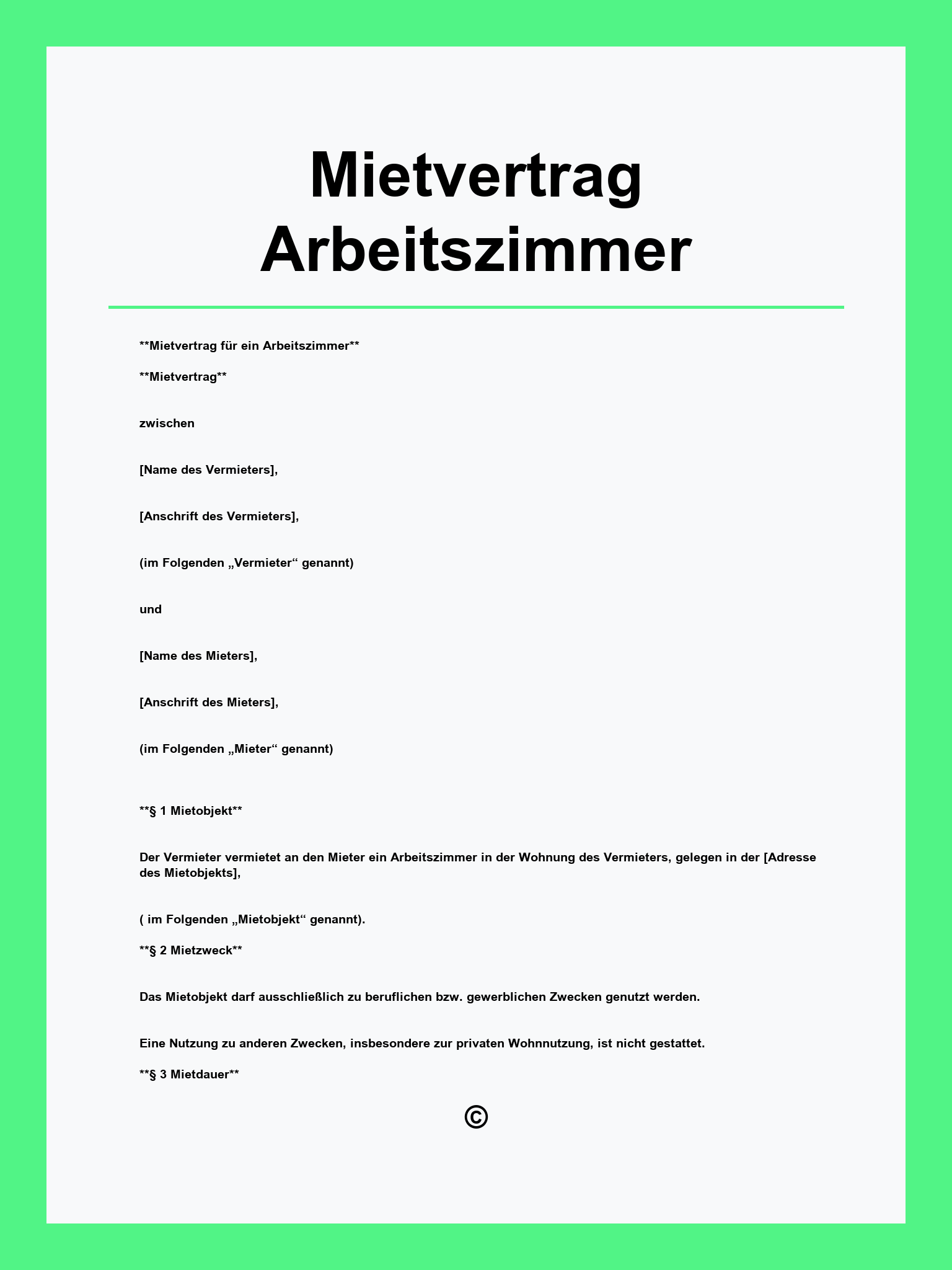 Mietvertrag Arbeitszimmer Vorlage