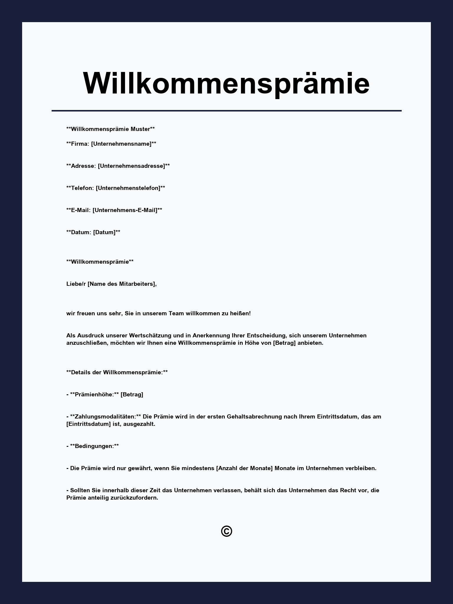 Willkommensprämie Muster
